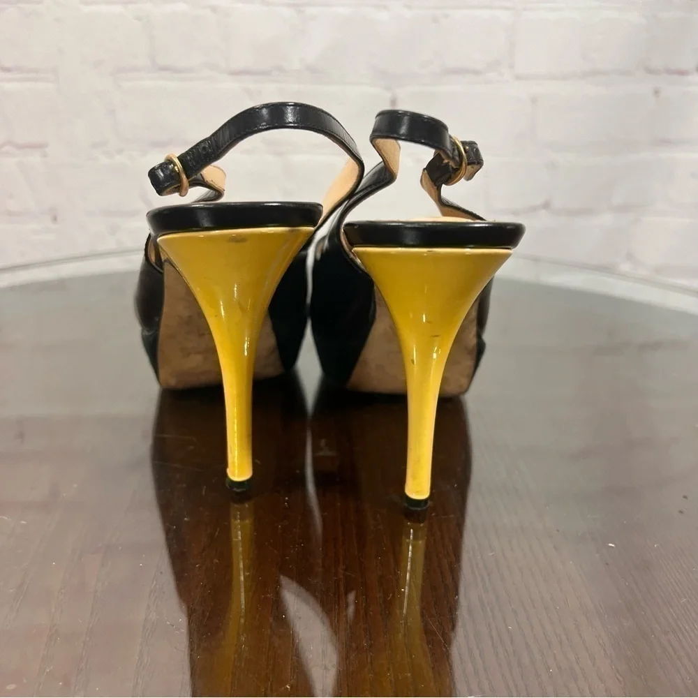 YSL Patent & Calf Leather peep toe sling back pumps 37 GUC sexy chic vintage
